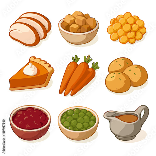 Rolls slices peas dinner pumpkin cranberry icon bread whipped gravy icons vector
