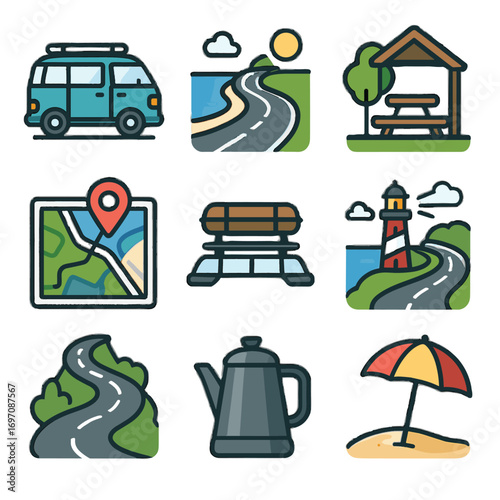 Hill umbrella vector roof sun picnic coastal road gps trip icons icon