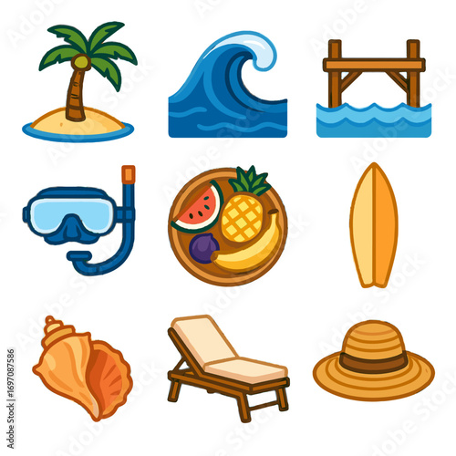 Underwater surfboard mask palm conch sun beach escape vector island icons wave
