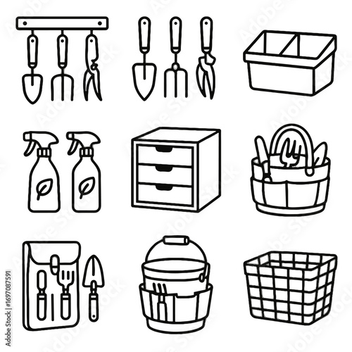 Bottles hooks drawer bag vector tool basket plant bin folding icon organized