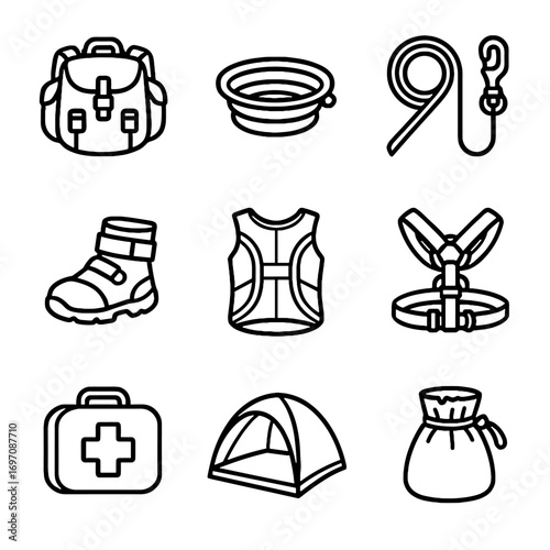 Pet trail aid hiking icon kit harness gear portable treat cooling water