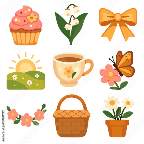Daisy butterfly spring icons festival cupcake potted icon picnic flower vector blossom