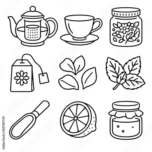 Rose bamboo petals scoop vector relaxation tea icon glass honey mint