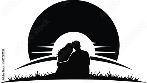 Romantic Couple Sitting on Grass Watching Sunset SilhouetteRomantic Couple Sitting on Grass Watching Sunset Silhouette