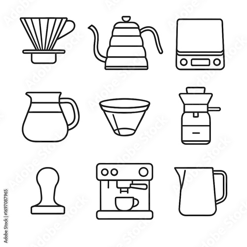 Coffee server icons gear grinder tamper dripper vector reusable frothing machine icon