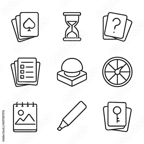 Vector icon spinner game party drawing buzzer question icons answer deck cards