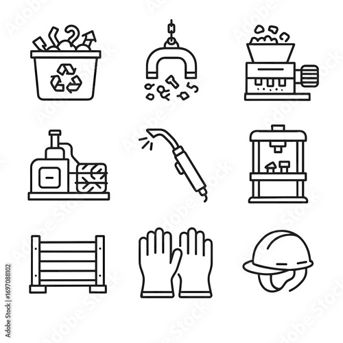 Metal baler icons separator tools icon machine vector bin press storage cutting