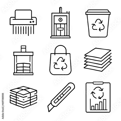 Shredder stack baler recycling icons waste paper sorting vector icon bin cardboard