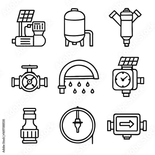 Irrigation meter solar connector icon vector timer hose pump water tools drip