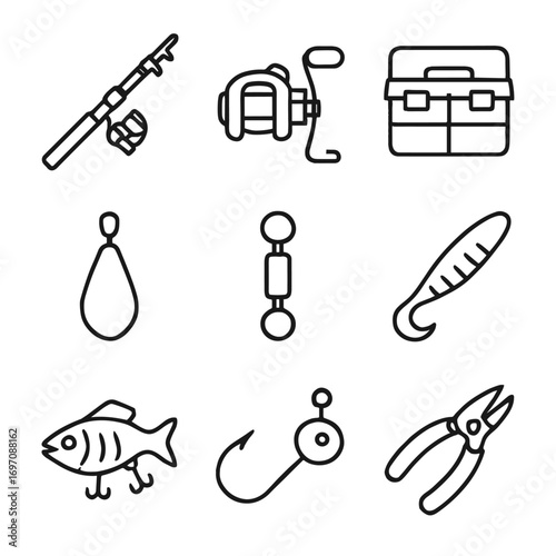 Gear icons organizer icon telescopic line lure fishing sinker vector reel hard