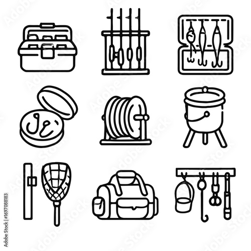 Lure hook gear spool rack stand organized container icon fishing organizer vector