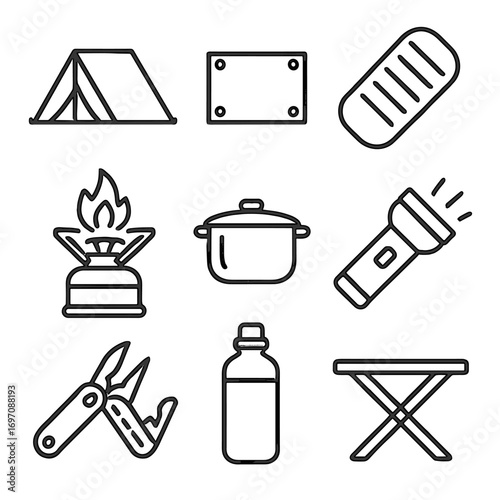 Camping icons vector pad icon bottle flashlight gear stove pot folding tarp