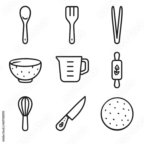 Icons bamboo compostable tongs coconut cork icon vector cooking whisk knife cup
