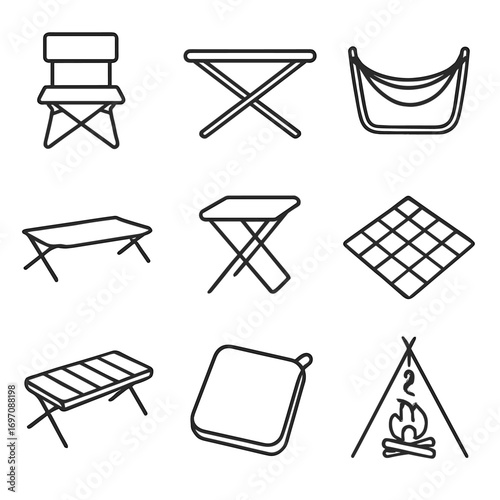 Vector furniture table icon hammock cot icons camping tripod cushion folding blanket
