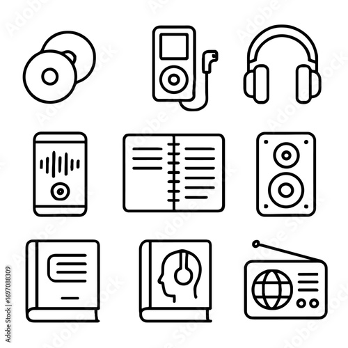 Vector learning transcription radio listening language icon book podcast speaker icons exercises