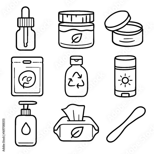 Skincare wooden bottle plastic icons mask cleansing toner metal eco glass vector