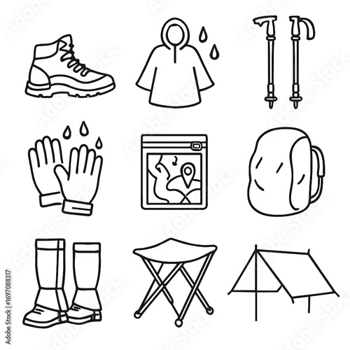 Hiking trekking rain vector cover gaiters tips icon rubber waterproof tarp outdoor