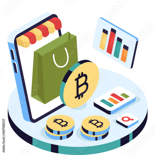 Creative design illustration of bitcoin shopping