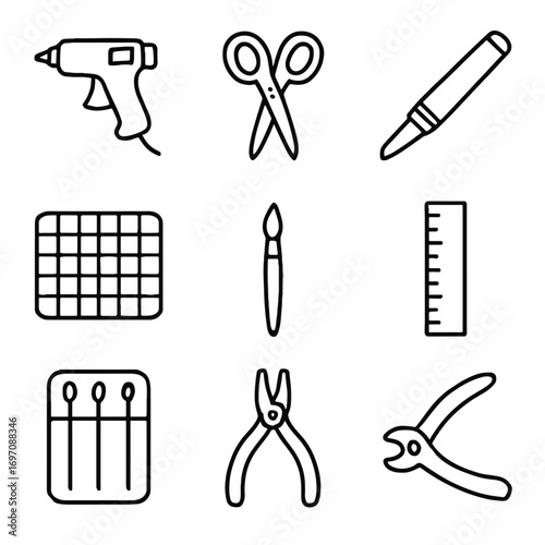 Tools paintbrush mat gun glue knife icons ruler set vector crafting icon