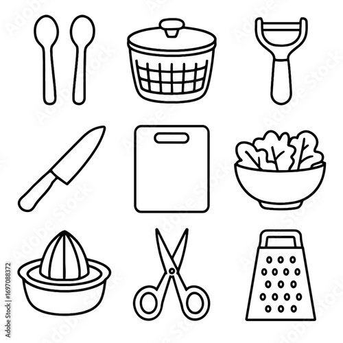 Vector spinner grater chopping salad prep icon knife scissors icons vegetable peeler