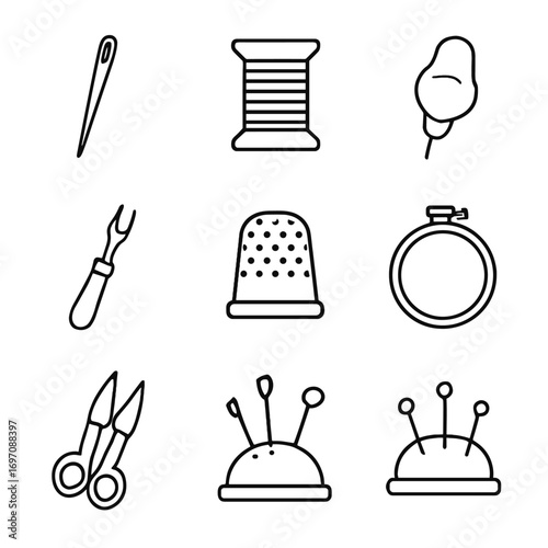 Thread small embroidery needle tools thimble vector icons icon pincushion hoop sewing