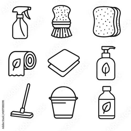 Icon microfiber bucket stainless cleaning vector wooden eco sponge soap mop trash