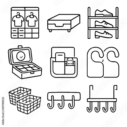 Icons box hooks organized shelf bedroom rack caddy baskets shoe vector wardrobe