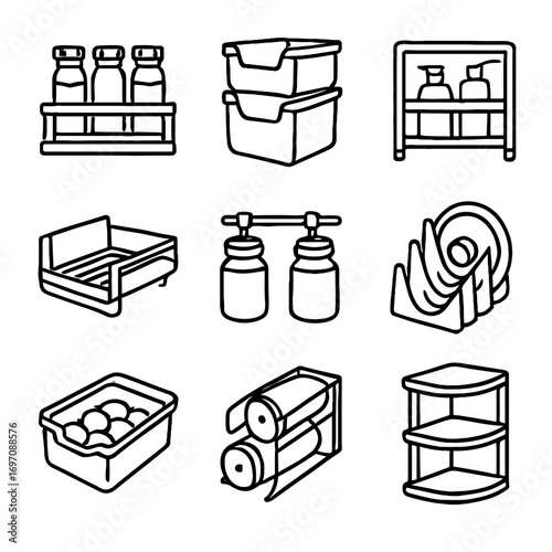 Storage rack vector lid icons spice shelf icon holder kitchen pot organizer