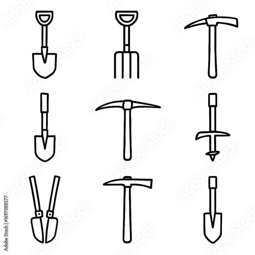 Trenching garden digger tool icons spade vector icon pickaxe mattock hoe shovel