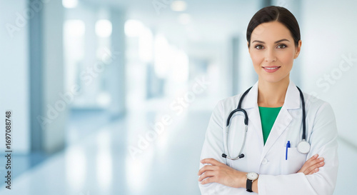 Confident Female Doctor With Stethoscope Standing in Hospital Background for healthcare marketing, medical presentations, hospital brochures,pharmaceutical advertising,health-related editorial content