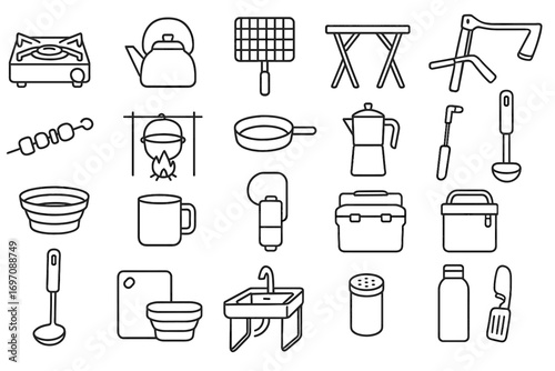 Spice vector folding coffee camping pan filter outdoor icons icon cooking portable