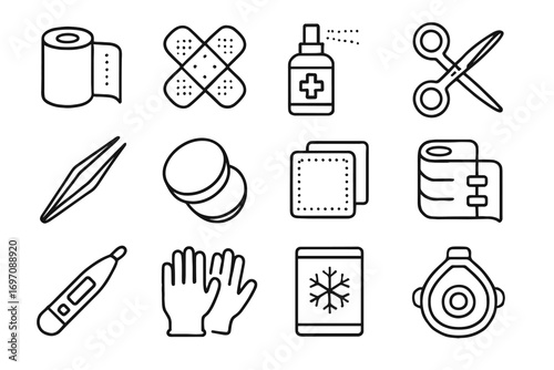Instant disposable vector aid pads first cotton icon pack spray bandage thermometer