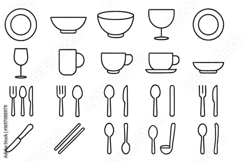 Vector minimal bowl mug tableware plate knife ladle dessert set icons icon