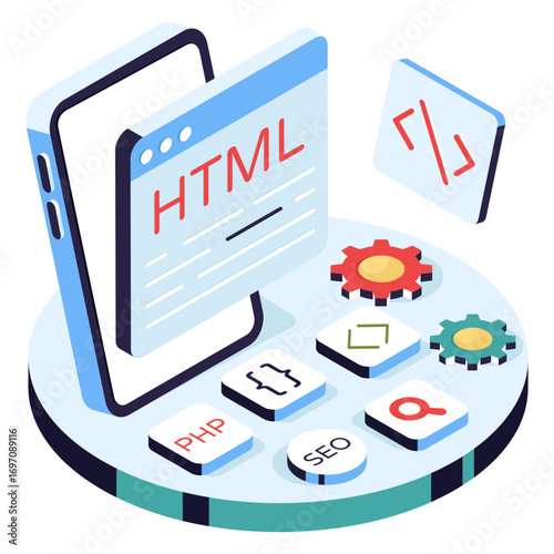 Conceptual isometric design illustration of html website