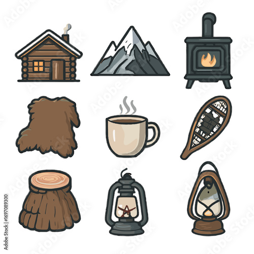Fur icon lantern alpine wool hut icons mountain retreat steaming vector peak