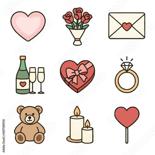 S vector candle chocolate box heart icon bouquet ring champagne set valentine