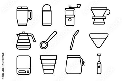 Portable scoop mug icon vector gear mini coffee filter grinder travel kettle