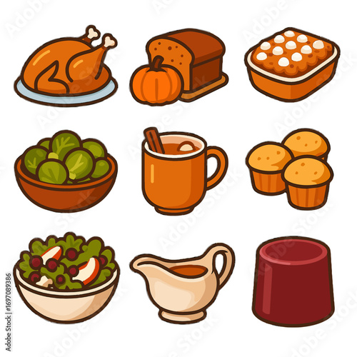 Gravy roasted icon muffins sprouts turkey golden vector thanksgiving feast icons pumpkin