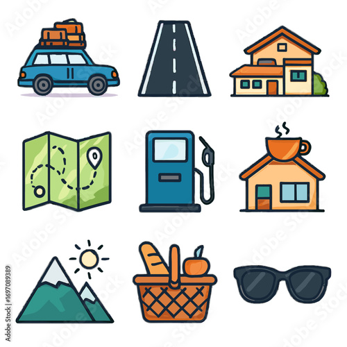 Basket luggage road vector icon roadside picnic fuel trip pump highway icons