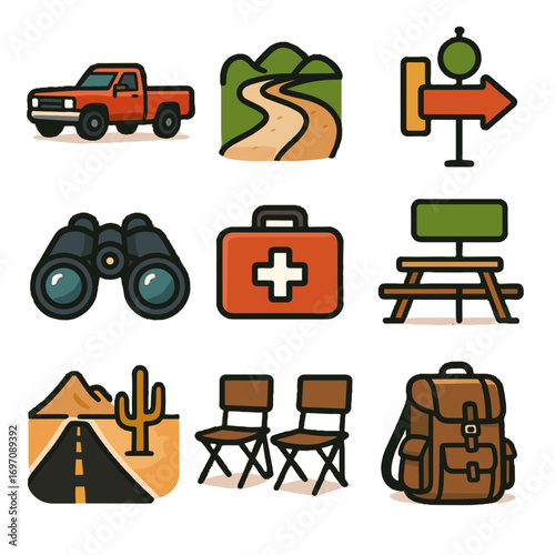 Icons trip truck desert first chairs road highway icon vector dirt pickup