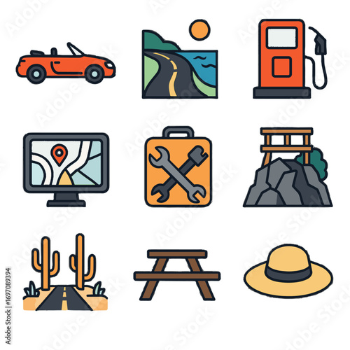 Repair highway trip road sun lookout icon car vector hat icons kit
