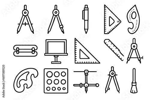 Curve set compass technical vector drafting icon scale drawing icons pen triangle