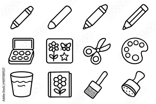 Stamp palette drawing sheet water paint pencil book washable vector icon kids