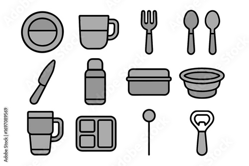 Plate knife icon festival tray flask icons vector colorful thermos collapsible camping