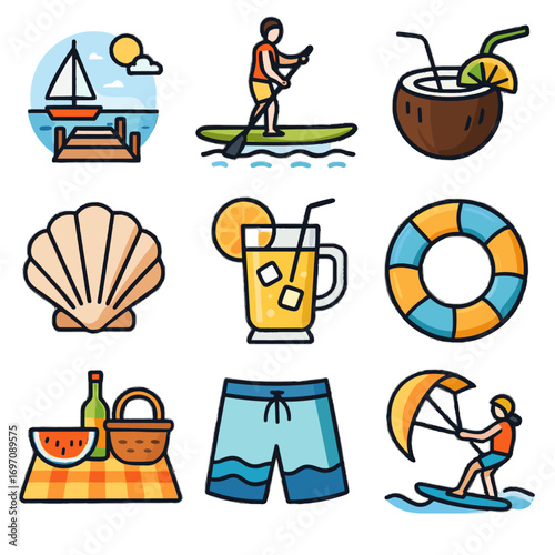 Shell board clam kite seasonal icon paddle coconut ring vector icons view