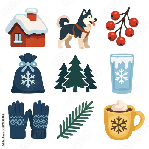 Collection holiday glass icons winter vector silhouette hot roof knitted icon fir