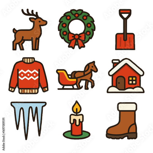 Vector knitted sleigh sweater icicle icon winter collection reindeer boot snow icons