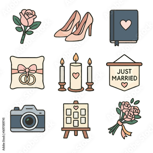 Unity candle set vector icon wedding camera book sign ring photo