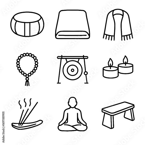 Meditation bench bead incense low icons tools shawl sticks sculpture vector icon