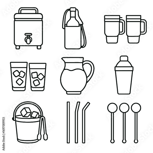 Bucket icons shaker tumblers beverage vector mugs ice straws dispenser picnic travel